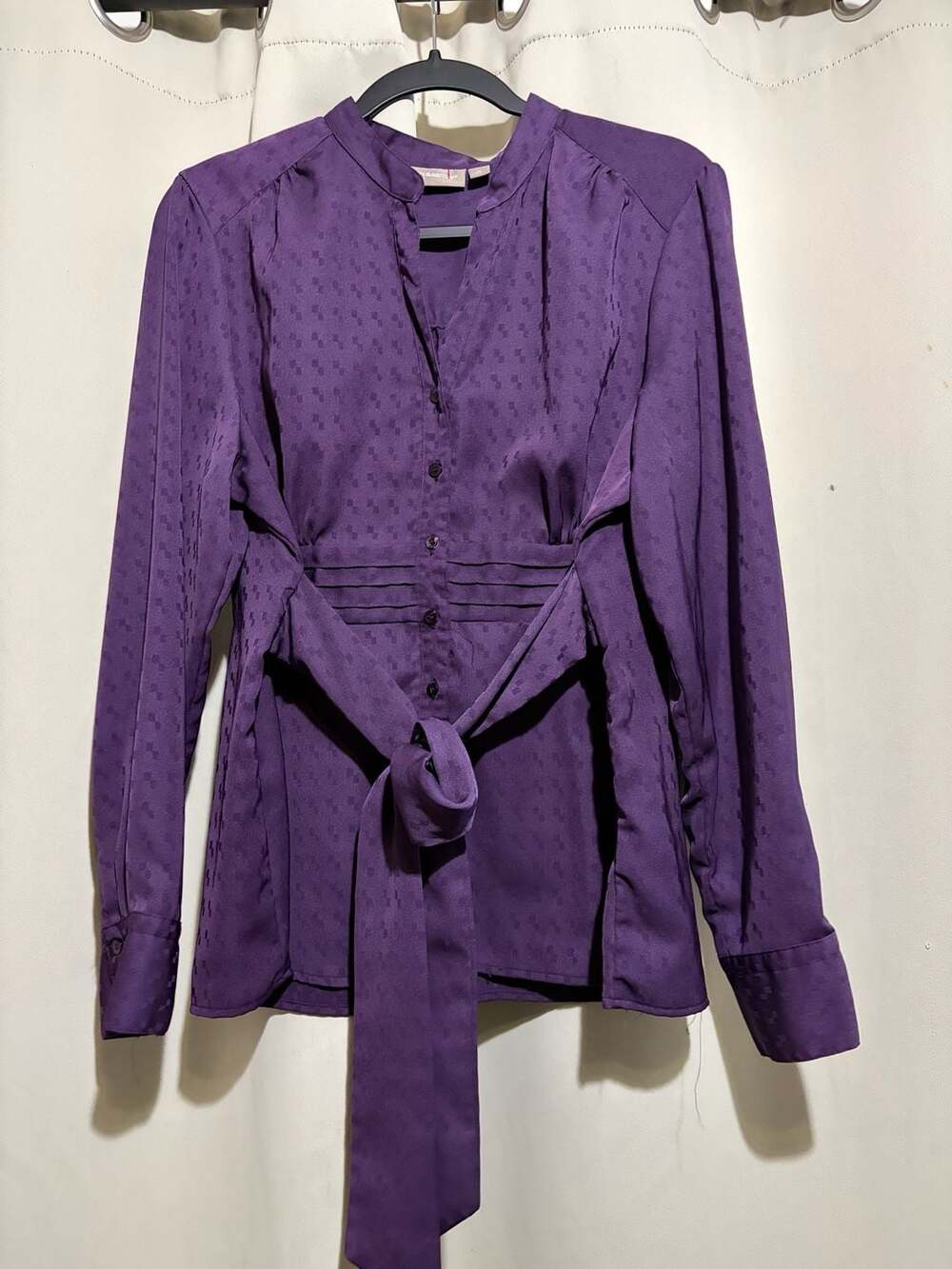 Croft & Barrow Stretch Purple Long Sleeve Button-Down Blouse with Tie-Waist